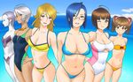  ahoge arms_behind_back bandeau bikini blonde_hair blue_hair blush breast_envy breasts brown_hair cleavage cleavage_cutout cloud collarbone covered_navel dark_skin day everyone fisheye flat_chest gamilas glasses goggles goggles_around_neck green_eyes grin hand_on_hip harada_makoto large_breasts lipstick long_hair makeup miezela_celestella misaki_yuria mori_yuki multiple_girls navel niimi_kaoru ocean one-piece_swimsuit one_eye_closed purple_eyes red_eyes short_hair sky smile swimsuit temaeya_utsurou twintails uchuu_senkan_yamato uchuu_senkan_yamato_2199 white_hair yamamoto_akira 