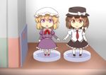  blonde_hair book bow brown_eyes brown_hair character_doll dress dress_shirt hat maribel_hearn multiple_girls necktie purple_dress purple_eyes shirt short_hair skirt smile tori_(minamopa) touhou usami_renko 