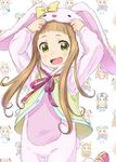  :d adjusting_headwear animal_costume bow brown_hair bunny_costume cosplay fang green_eyes ichihara_nina idolmaster idolmaster_cinderella_girls kigurumi kingin long_hair open_mouth ribbon smile solo standing standing_on_one_leg 