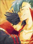  blue_hair closed_eyes hand_on_another's_head hug kakuu kamina lowres multiple_boys simon smile tengen_toppa_gurren_lagann 