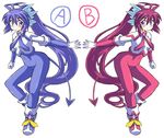  alternate_color blue_eyes blue_hair blush clone demon_tail gloves gomamiso_(gomamiso_sp) long_hair looking_at_another looking_back miwajou multiple_girls original purple_hair simple_background symmetry tail very_long_hair white_background 