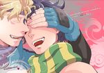  artist_name black_hair blonde_hair caesar_anthonio_zeppeli close-up closed_eyes colored_eyelashes copyright_name cover cover_page covering_eyes doujin_cover facial_mark fingerless_gloves fingernails gloves hand_on_another's_head hands jojo_no_kimyou_na_bouken joseph_joestar_(young) laughing male_focus multiple_boys open_mouth pink_background scarf striped striped_clothes striped_scarf vertical_stripes yumiya 