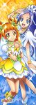  absurdres blue_eyes blue_hair boots bracelet choker cure_diamond cure_rosetta dokidoki!_precure dress earrings flower green_choker happy heart highres hishikawa_rikka jewelry knee_boots long_hair multiple_girls official_art orange_eyes orange_hair ponytail precure smile takahashi_akira twintails yotsuba_alice 