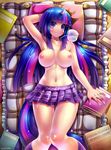  blue_hair blush book breasts cleavage clothed clothing cutie_mark emperpep female friendship_is_magic glass hair horn human humanized long_hair looking_at_viewer lying mammal multi-colored_hair my_little_pony navel nipples not_furry on_back pillow pink_hair purple_eyes purple_hair skirt socks solo straw thighs topless twilight_sparkle_(mlp) 