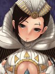  1girl black_background black_eyes black_hair breasts cleavage cleavage_cutout highres large_breasts magic:_the_gathering paizuri pauldrons penis sakushin short_hair simple_background solo teysa_karlov 