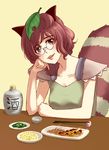  absurdres animal_ears arm_rest blouse bottle bowl breasts brown_eyes brown_hair chopsticks cleavage dango edamame_(food) food futatsuiwa_mamizou glasses head_rest head_tilt highres large_breasts leaf leaf_on_head lettuce lips looking_at_viewer oujiouji parted_lips pince-nez plate pov_across_table raccoon_ears raccoon_tail short_hair skewer solo swiss_cheese table tail touhou wagashi yellow_background 