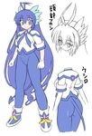  ass blue_eyes blue_hair demon_tail gomamiso_(gomamiso_sp) highres long_hair looking_at_viewer miwajou multiple_views original simple_background smile tail translation_request turnaround upper_body very_long_hair white_background 