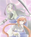  2girls armor battle_sister_cookie battle_sister_cream cardfight!!_vanguard detached_sleeves green_hair long_hair multiple_girls nun oracle_think_tank pointy_ears purple_eyes red_eyes red_hair sword twintails weapon 