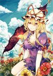  blonde_hair blue_sky breasts cleavage cloud collarbone day dress elbow_gloves flower gap gloves hair_ribbon hat hat_ribbon kaio_(watagami) large_breasts long_hair looking_at_viewer puffy_sleeves purple_dress red_eyes ribbon short_sleeves sitting sky solo touhou tress_ribbon very_long_hair white_gloves yakumo_yukari 