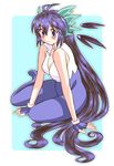  absurdly_long_hair blush breasts cleavage full_body gomamiso_(gomamiso_sp) long_hair medium_breasts miwajou original purple_eyes purple_hair solo very_long_hair 