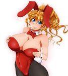  1girl animal_ears banpresto blonde_hair blue_eyes breasts bunny_ears bunny_tail bunnysuit detached_collar excellen_browning female long_hair looking_at_viewer ponpo ponytail smile solo super_robot_wars tail wrist_cuffs 