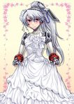  android aqua_hair bare_shoulders blue_hair blush dress labrys long_hair persona persona_4:_the_ultimate_in_mayonaka_arena ponytail red_eyes robot_joints segami_daisuke smile solo wedding_dress 