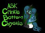  black_background changeling crinklebottomchrysalis diaper english_text female feral friendship_is_magic green_eyes green_hair hair horn looking_back my_little_pony plain_background queen_chrysalis_(mlp) solo text 
