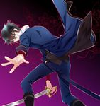  bad_id bad_pixiv_id black_hair blue_eyes fushimi_saruhiko glasses k_(anime) katana long_coat male_focus okomochi solo sword weapon 