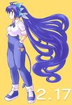  absurdly_long_hair dated full_body gomamiso_(gomamiso_sp) hand_on_hip long_hair miwajou original simple_background sleeves_rolled_up smile solo very_long_hair yellow_background 