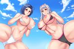  0byte 2girls bikini bikini_pull blue_hair blush breast_suppress breasts cloud female from_below huge_breasts idolmaster long_hair looking_at_viewer miura_azusa multiple_girls navel nipples outdoors purple_eyes red_eyes shijou_takane short_hair silver_hair sky spread_legs standing swimsuit 