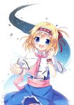  alice_margatroid blonde_hair blue_dress blue_eyes capelet dress hairband highres lolita_hairband looking_at_viewer necktie open_mouth outstretched_arm outstretched_hand sash shirt smile solo star touhou wrist_cuffs yano_mitsuki 