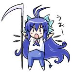  absurdly_long_hair blush chibi demon_tail gomamiso_(gomamiso_sp) long_hair miwajou open_mouth original scythe simple_background sleeves_rolled_up solo tail very_long_hair white_background 