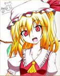  ascot blonde_hair flandre_scarlet fuyuno_taka looking_at_viewer open_mouth red_eyes shikishi simple_background smile solo touhou traditional_media wings 