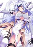  android blue_hair breasts chain cleavage elbow_gloves faulds garter_straps gloves headgear highres kos-mos kos-mos_ver._4 large_breasts long_hair looking_to_the_side open_mouth red_eyes silver_hair solo thighhighs tro underboob very_long_hair xenosaga xenosaga_episode_iii zoom_layer 