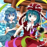  :d ;d blue_eyes blue_hair blush bow cake food green_eyes green_hair hair_bow hair_ribbon hat highres kagiyama_hina kawashiro_nitori key long_hair multiple_girls multiple_torii one_eye_closed open_mouth plate ribbon ruu_(tksymkw) sleeves_rolled_up smile torii touhou water 