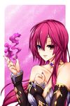  bare_shoulders breasts cleavage fi-san heterochromia highres long_hair medium_breasts original purple_hair solo 