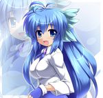  :d blue_eyes blue_hair borrowed_character breasts fang fingerless_gloves gloves katami_shinta large_breasts long_hair miwajou open_mouth original sleeves_rolled_up smile solo very_long_hair zoom_layer 