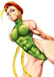  abs antenna_hair beret blonde_hair blue_eyes braid breasts cammy_white camouflage covered_nipples gloves green_leotard hat large_breasts leotard long_hair muscle scar shopyun slender_waist solo street_fighter thick_thighs thighs thong_leotard twin_braids very_long_hair 