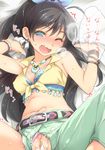  after_sex antenna_hair bed_sheet belt black_hair blue_eyes blush bra bracelet breath cum cum_in_pussy cum_on_clothes denim deyuuku earrings fang front-tie_top ganaha_hibiki hair_ribbon idolmaster idolmaster_(classic) jeans jewelry legs_up long_hair lying midriff navel necklace on_back on_bed one_eye_closed open_mouth panties panties_aside pants ponytail pussy ribbon sheet_grab shirt smile solo tied_shirt torn_clothes translation_request underwear unzipped wavy_mouth 