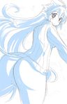  blush from_behind gomamiso_(gomamiso_sp) long_hair looking_at_viewer looking_back miwajou monochrome original simple_background solo white_background 