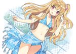  ayasaki_yae bikini blonde_hair blue_sarong blush dutch_angle flat_chest hamashima_shigeo long_hair navel official_art one_side_up oyogimasen. parted_lips print_sarong purple_eyes sarong solo swimsuit wind wind_lift 