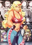  abs blonde_hair breasts clenched_hand green_hair hat horn hoshiguma_yuugi komeiji_koishi komeiji_satori large_breasts long_hair midriff mizuhashi_parsee multiple_girls muscle nail_polish oo_gata_ken pointy_ears purple_hair red_eyes short_hair touhou wrestling_outfit wrestling_ring 