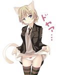  animal_ears bad_id bad_pixiv_id blonde_hair blue_eyes bow bow_panties braid cosplay country_connection darjeeling girls_und_panzer lynette_bishop lynette_bishop_(cosplay) nksk panties single_braid slim_legs smile solo strike_witches striped striped_legwear sweater_vest thigh_gap thighhighs underwear white_background world_witches_series 