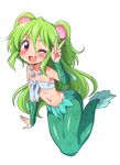  ;d bandeau blush green_hair jewelry kanya_pyi long_hair mermaid monster_girl muromi-san namiuchigiwa_no_muromi-san navel necklace one_eye_closed open_mouth red_eyes scales seashell shell simple_background smile solo two_side_up v white_background 