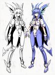 antenna_hair armor blue_eyes blue_hair bodysuit breasts demon_tail drachenriese fingerless_gloves gloves large_breasts long_hair looking_at_viewer miwajou original simple_background skin_tight standing symmetry tail very_long_hair white_background 