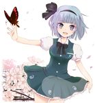  bad_id bad_pixiv_id black_hairband bow bowtie bug butterfly cherry_blossoms cowboy_shot dutch_angle frills hair_ribbon hairband insect konpaku_youmu looking_at_viewer open_mouth outstretched_arm petals puffy_sleeves ribbon saiga_yuu short_hair short_sleeves silver_eyes silver_hair skirt solo standing touhou tree vest white_background 