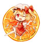  bad_id bad_pixiv_id blonde_hair fang flandre_scarlet food fruit hat kaio_(watagami) one_eye_closed open_mouth orange red_eyes ribbon short_hair side_ponytail skirt solo touhou wings 