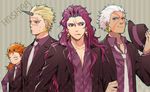  battle_tendency blonde_hair blue_eyes danemaru earrings esidisi facial_mark fedora formal hat horns jewelry jojo_no_kimyou_na_bouken kars_(jojo) long_hair md5_mismatch multiple_boys purple_hair red_eyes red_hair santana_(jojo) suit tattoo wamuu white_hair 