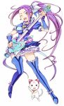  blue_choker blue_footwear blue_skirt boots cat choker cure_beat guitar hummy_(suite_precure) instrument kurokawa_eren long_hair love_guitar_rod magical_girl minatsuki_randoseru one_eye_closed precure purple_hair seiren_(suite_precure) side_ponytail skirt smile suite_precure thighhighs white_background yellow_eyes 