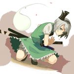  bad_id bad_pixiv_id black_hairband bloomers blue_eyes hairband konpaku_youmu konpaku_youmu_(ghost) mary_janes p_no_hito ready_to_draw scabbard sheath sheathed shoes short_hair silver_hair skirt skirt_set solo squatting sword touhou underwear weapon 
