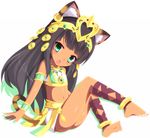  animal_ears ankle_lace-up anklet armlet bare_shoulders barefoot bastet_(p&amp;d) black_hair bracelet cat_ears cat_tail circlet cross-laced_footwear dark_skin egyptian fang full_body green_eyes hair_ornament halter_top halterneck head_tilt jewelry long_hair looking_at_viewer midriff navel necklace nekotechno open_mouth puzzle_&amp;_dragons simple_background sitting skirt solo tail tsurime white_background 