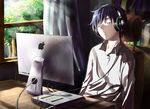  absurdres akg apple_inc. bad_id bad_pixiv_id blue_hair cable headphones highres imac kaito listening_to_music male_focus mosquito_coils sitting sleeping sleeping_upright solo tears vocaloid window 