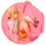  asymmetrical_clothes blonde_hair brown_eyes candy custom_(cus-tom) food foot_hold futaba_anzu gloves idolmaster idolmaster_cinderella_girls lollipop long_hair shirt shorts socks solo stuffed_animal stuffed_bunny stuffed_toy t-shirt thighhighs twintails 