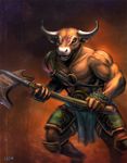  anthro armor axe biceps bovine brown_fur cattle fur horn loincloth male mammal minotaur muscles pecs pigeonkill pose solo standing tattoo topless weapon yellow_eyes 