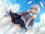  animal_ears blush bunny_ears dekappara_futoriusu from_below long_hair necktie red_eyes red_neckwear reisen_udongein_inaba shirt silver_hair skirt sleeveless sleeveless_shirt solo thighhighs touhou white_legwear 