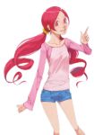  1girl :d akinbo_(hyouka_fuyou) bangs blue_shorts floating_hair hair_ornament hair_scrunchie hanasaki_tsubomi heartcatch_precure! highres index_finger_raised long_hair long_sleeves looking_at_viewer open_mouth parted_bangs pink_eyes pink_shirt precure red_hair scrunchie shiny shiny_hair shirt short_shorts shorts simple_background smile solo standing twintails very_long_hair white_background yellow_scrunchie 