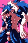  anthro balls biceps big_muscles black_nose blue_fur blue_hair canine censored darkstalkers fangs flaccid fur hair humanoid_penis jon_talbain male mammal muscles nude pecs penis pink_background plain_background pose presenting sheath solo standing teeth topless unknown_artist vein video_games were werewolf white_fur wolf yellow_eyes 