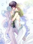  1boy 1girl 2017 backless_dress backless_outfit black_hair black_shirt bouquet c.c. code_geass dress flower formal green_hair grey_jacket grey_pants hair_between_eyes hand_on_another&#039;s_hip hand_on_another's_hip highres holding holding_bouquet jacket lelouch_lamperouge long_dress long_hair looking_at_viewer pants parted_lips petals purple_eyes roman_buriki shirt sleeveless sleeveless_dress smile white_background white_dress white_flower yellow_eyes 