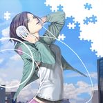  brown_eyes brown_hair cityscape cloud day headphones hijiki_(b-stroke) jacket jigsaw_puzzle original parted_lips puzzle short_hair sky solo 