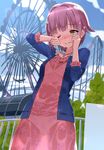  amusement_park blush bra brown_eyes dress ferris_wheel floral_print hair_ornament idolmaster idolmaster_cinderella_girls jacket jewelry koshimizu_sachiko necklace one_eye_closed panties purple_hair roller_coaster see-through short_hair solo sonsoso tears tree underwear wet wet_clothes wiping_tears 